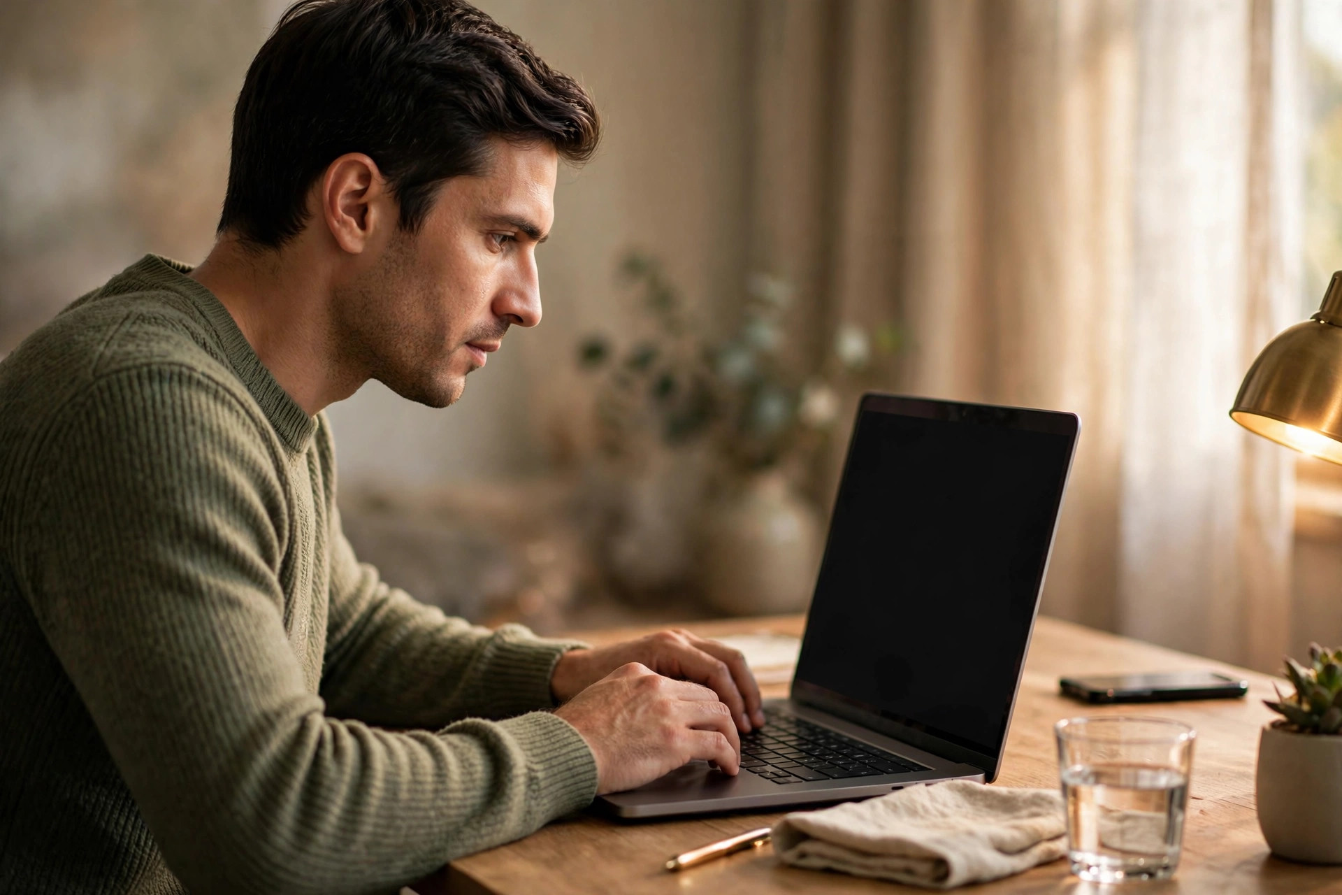 Person working with deep concentration at a desk, phone face-down and out of reach