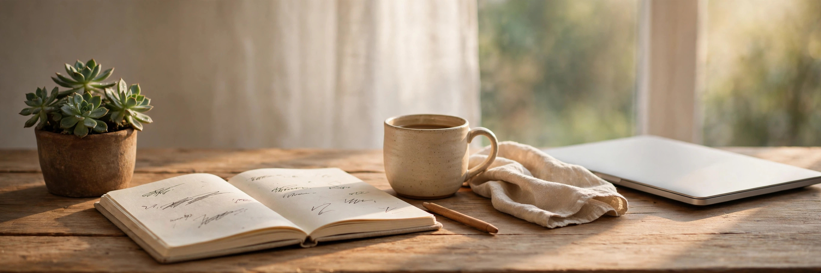 Calm, focused home office desk with a notebook, coffee, and a laptop — a quiet morning workspace