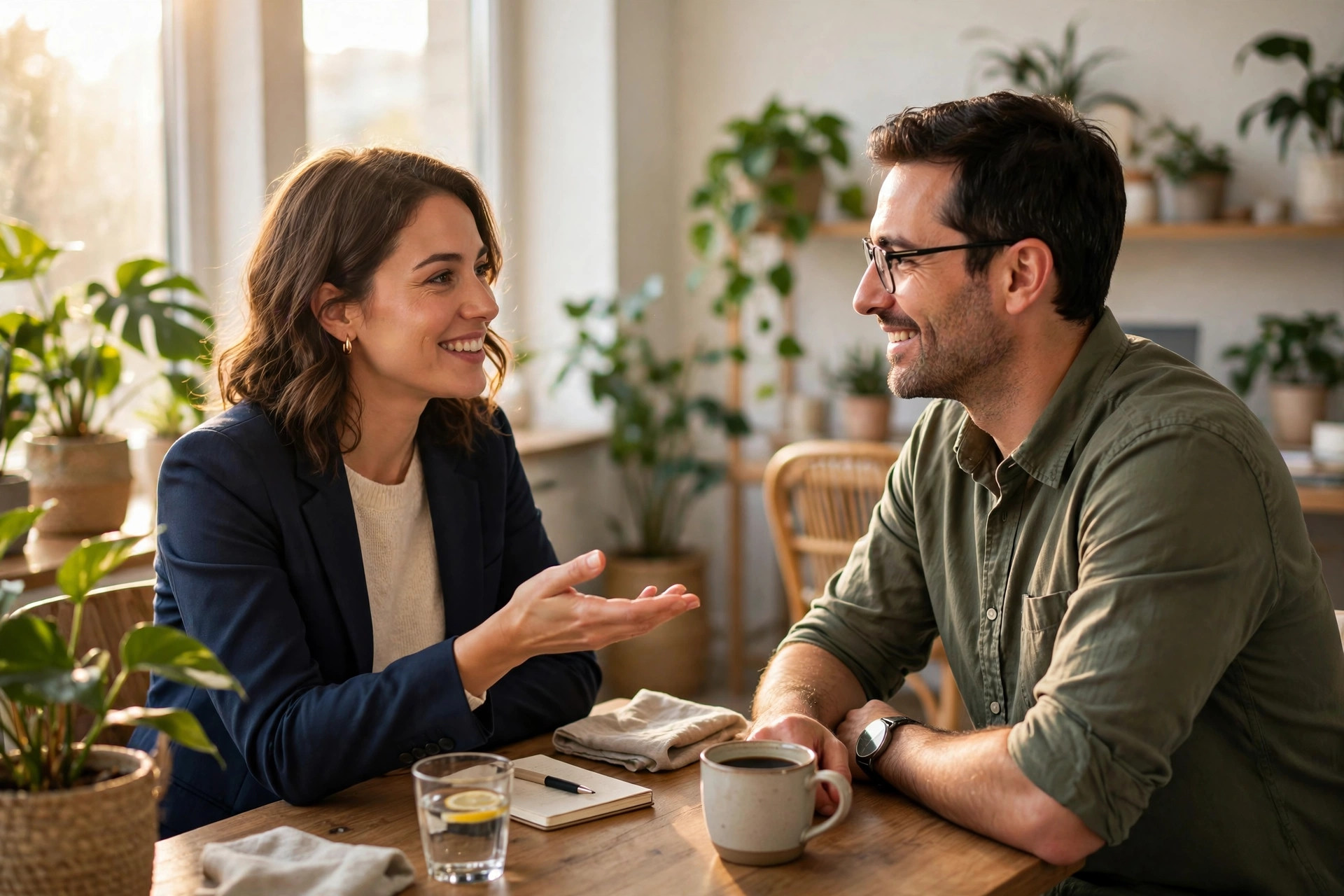 Two colleagues having a calm, honest conversation about workload at a small meeting table