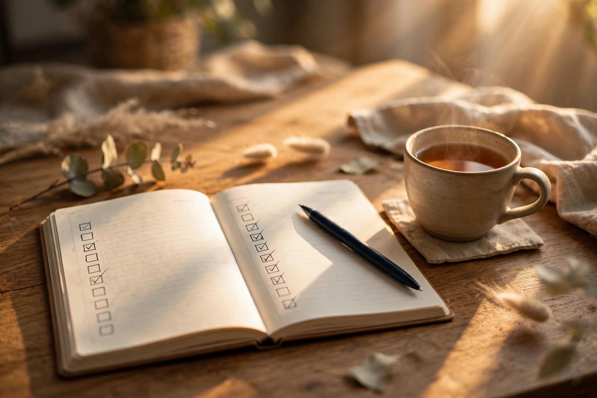 Friday afternoon desk scene with a planner open to a weekly review checklist and a cup of tea